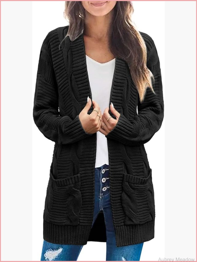 Open Front Cable Knit Cardigan Sweater With Pockets